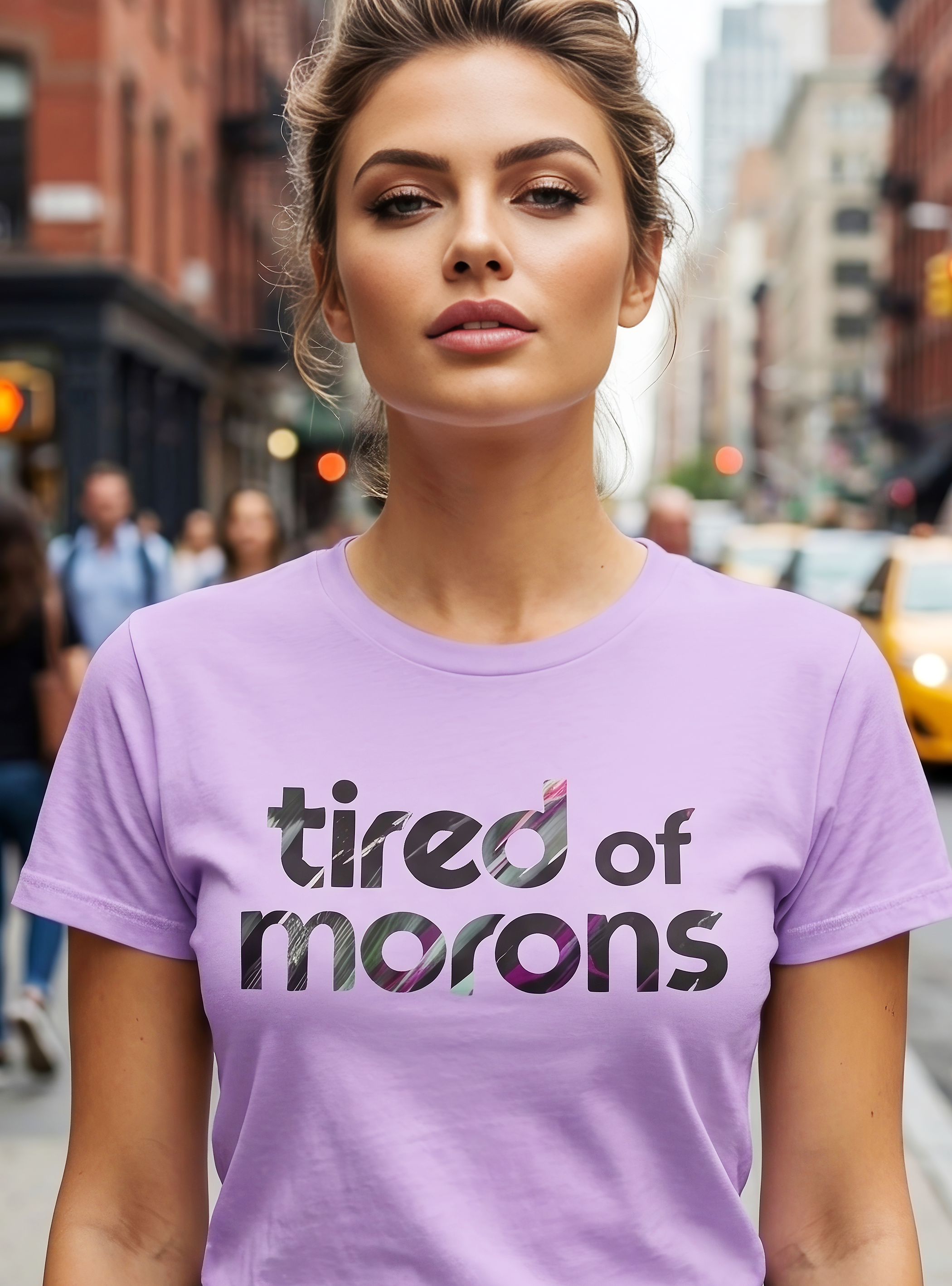 Lavender Tired of Morons Woman's Black artwork t-shirt