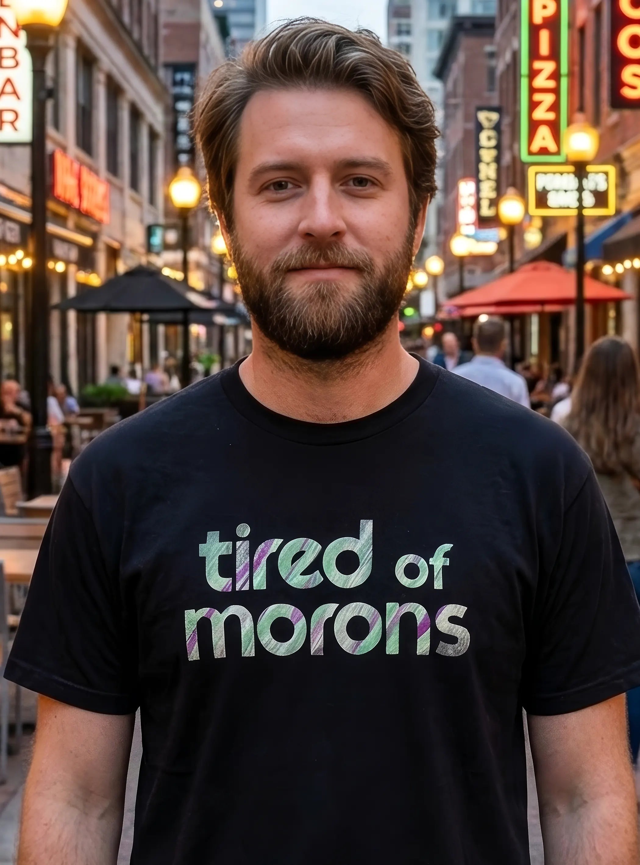 Tired of Morons green artwork graphic on black tee front view